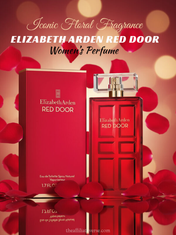 Elizabeth Arden Red Door Women's Perfume – iconic floral Eau de Toilette bottle with red and gold design, surrounded by roses and soft lighting.
