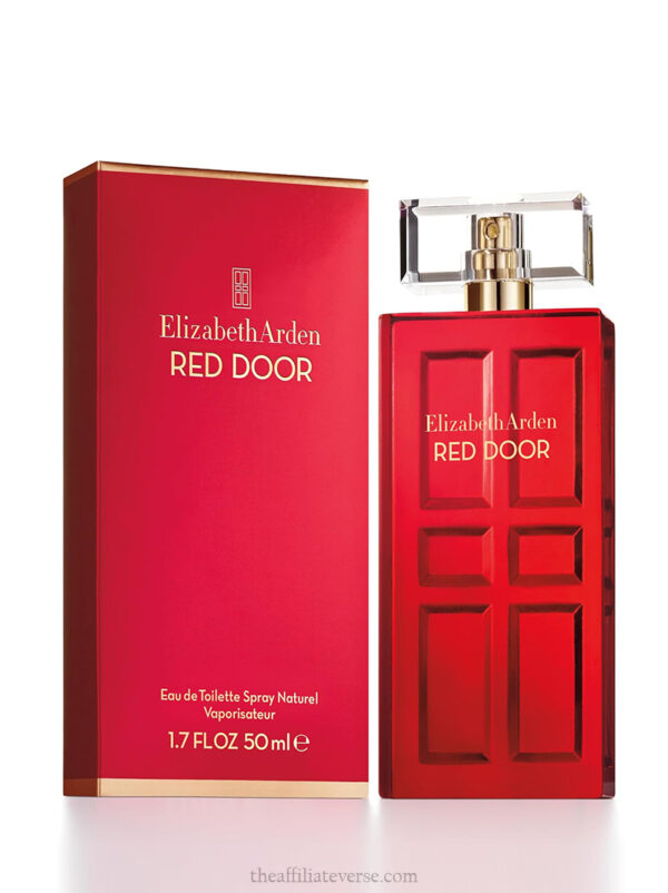 Elizabeth Arden Red Door Women’s Perfume with roses and silk ribbons on vanity